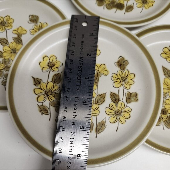 2- Stoneware 6" Dessert Cake Bread Plates, Spring Bouquet Yellow Flowers Green F - Picture 2 of 4